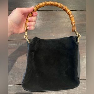 Gucci Vintage Hobo Bag Bamboo Handle Black Leather Suede Diana Tote